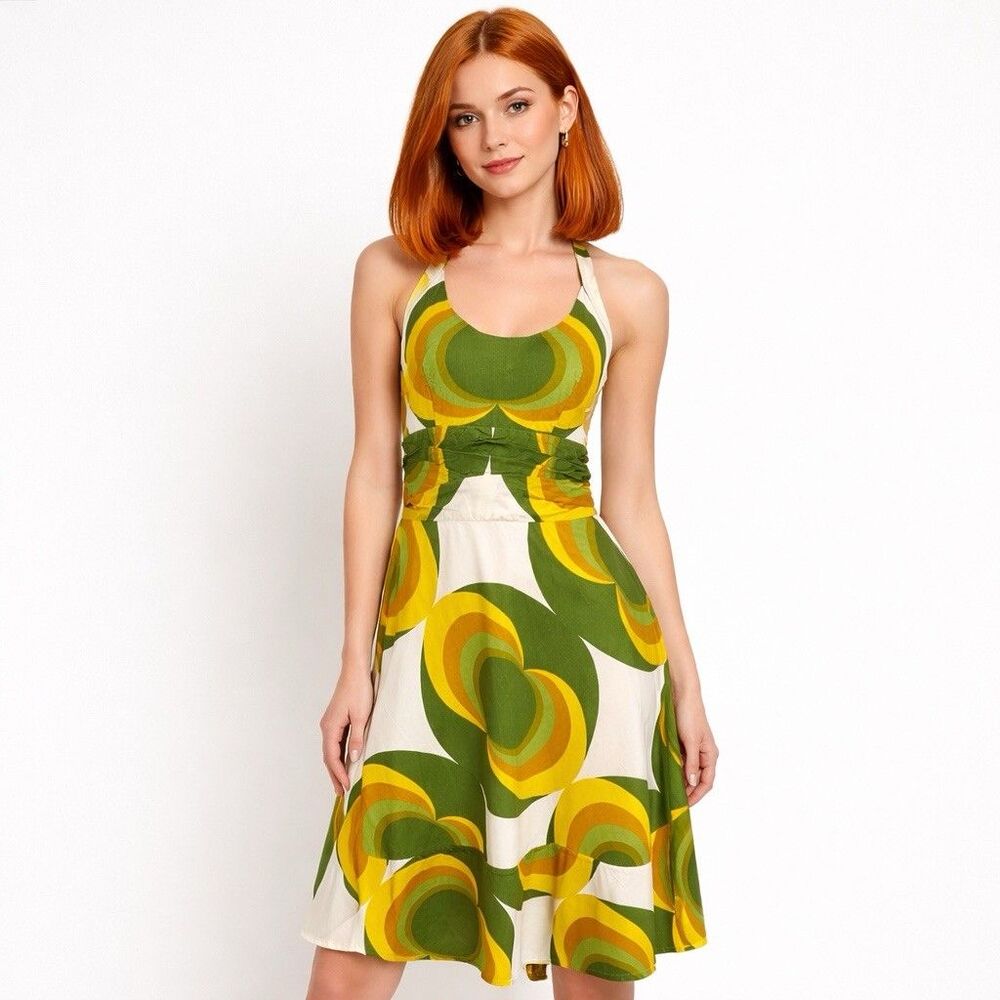 TOTEM Dress 4 Chartreuse Swirl 100% Cotton Fit N Flare VTG Inspired Summer Night